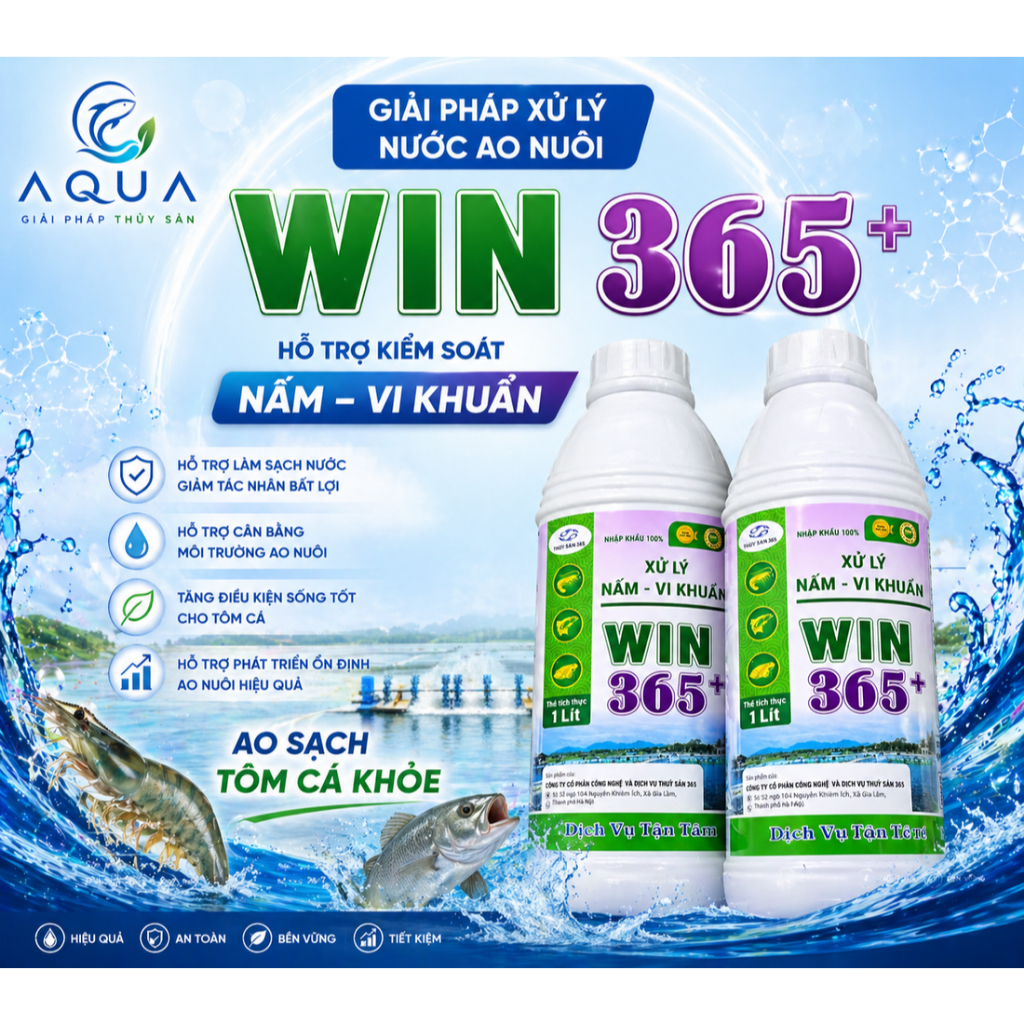 WIN 365+ Xử Lý Nước Ao Nuôi | Hỗ Trợ Kiểm Soát Nấm Vi Khuẩn, Ổn Định Nước (1 Lít)
