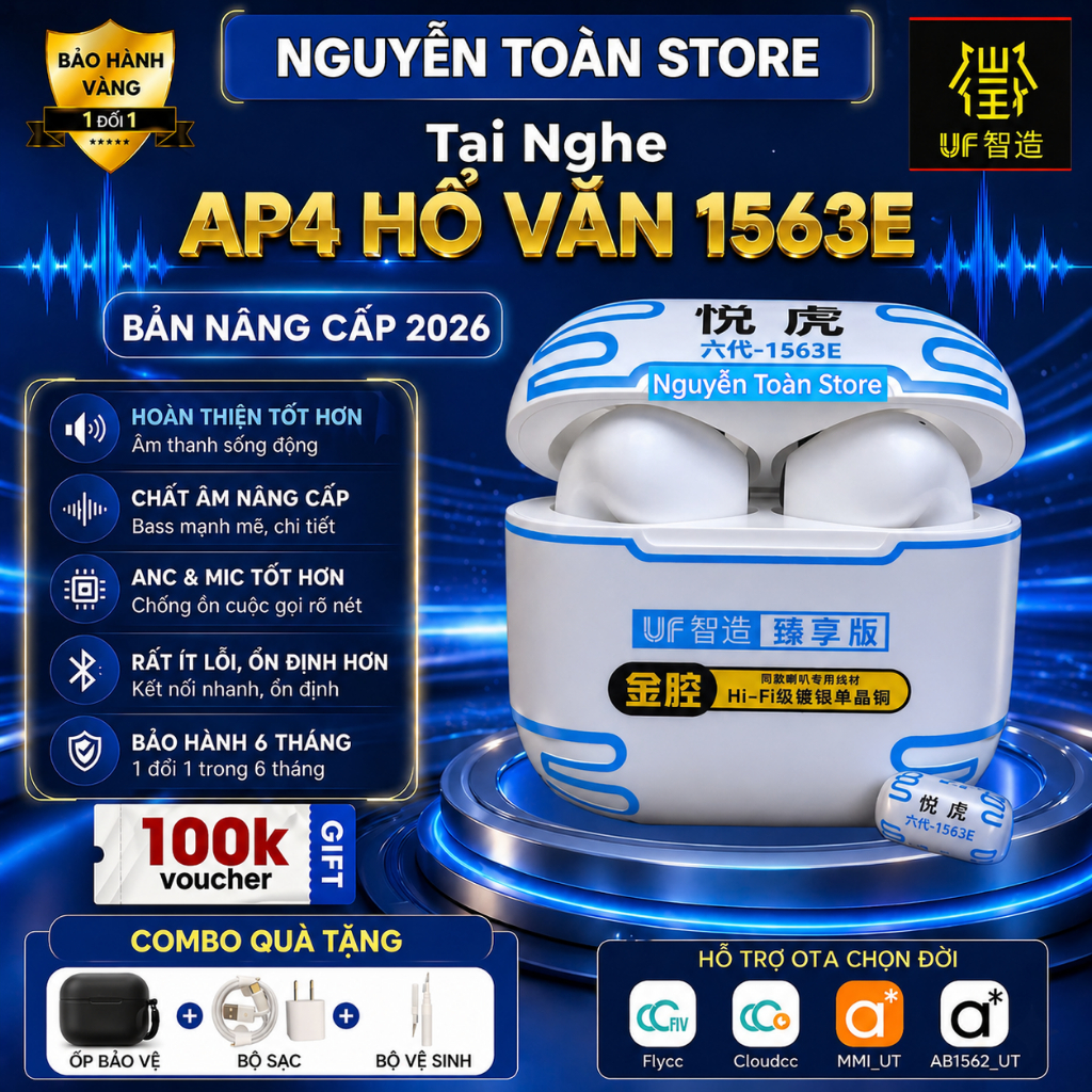 Tai Nghe Hổ Vằn AP4 1563E, Bản Cao Cấp Golden Buds UF 2026, Chống Ồn Chủ động 40db, Âm Thanh Không G
