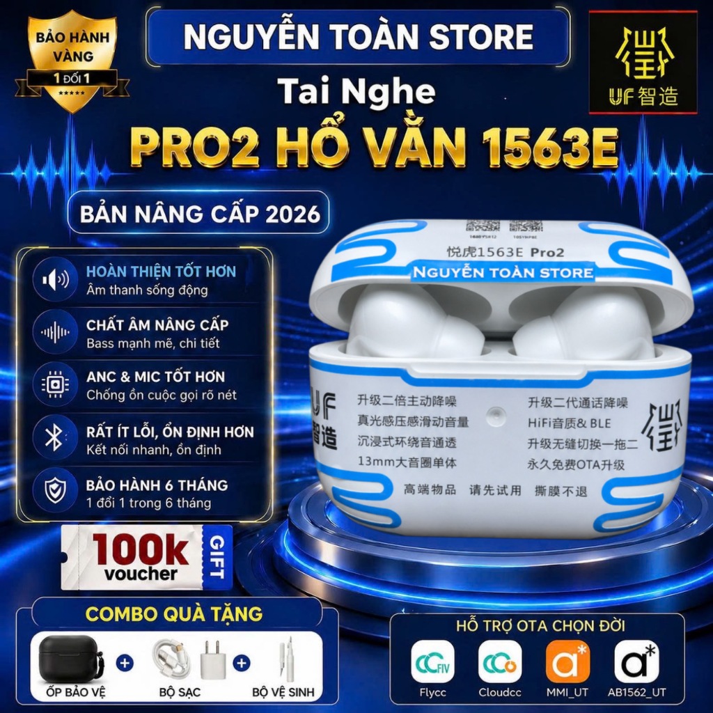 Tai Nghe Hổ Vằn PRO2 1563E, Bản Cao Cấp Golden Buds UF 2026, Chống Ồn Chủ động 40db, Âm Thanh Không 