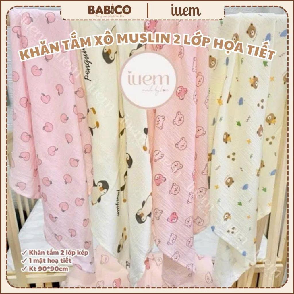 Khăn Tắm Xô Muslin 2 Lớp Đa Năng iuem Cho Bé Mềm Mại, Mỏng Nhẹ Họa Tiết 1 Mặt KT 88*90cm