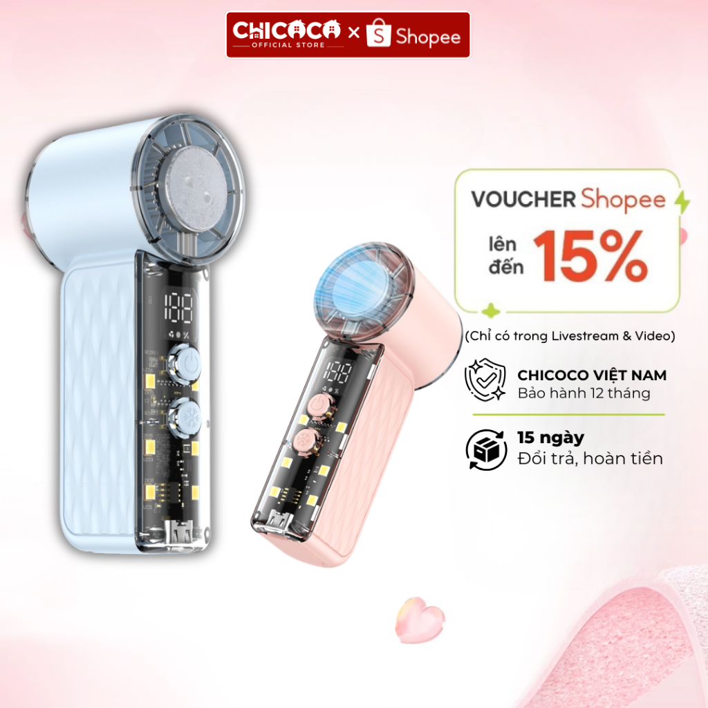 Quạt Cầm Tay Mini Tubor Trong Suốt 199 Cấp Độ Gió Có Sò Lạnh Làm Mát Dung Lượng Pin 4000mAh Êm Ái
