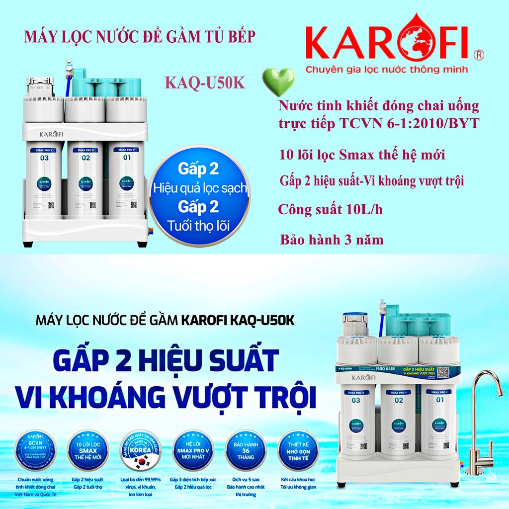 Máy lọc nước Karofi KAQ-U50K, 10 cấp, tinh khiết uống ngay,10lit h