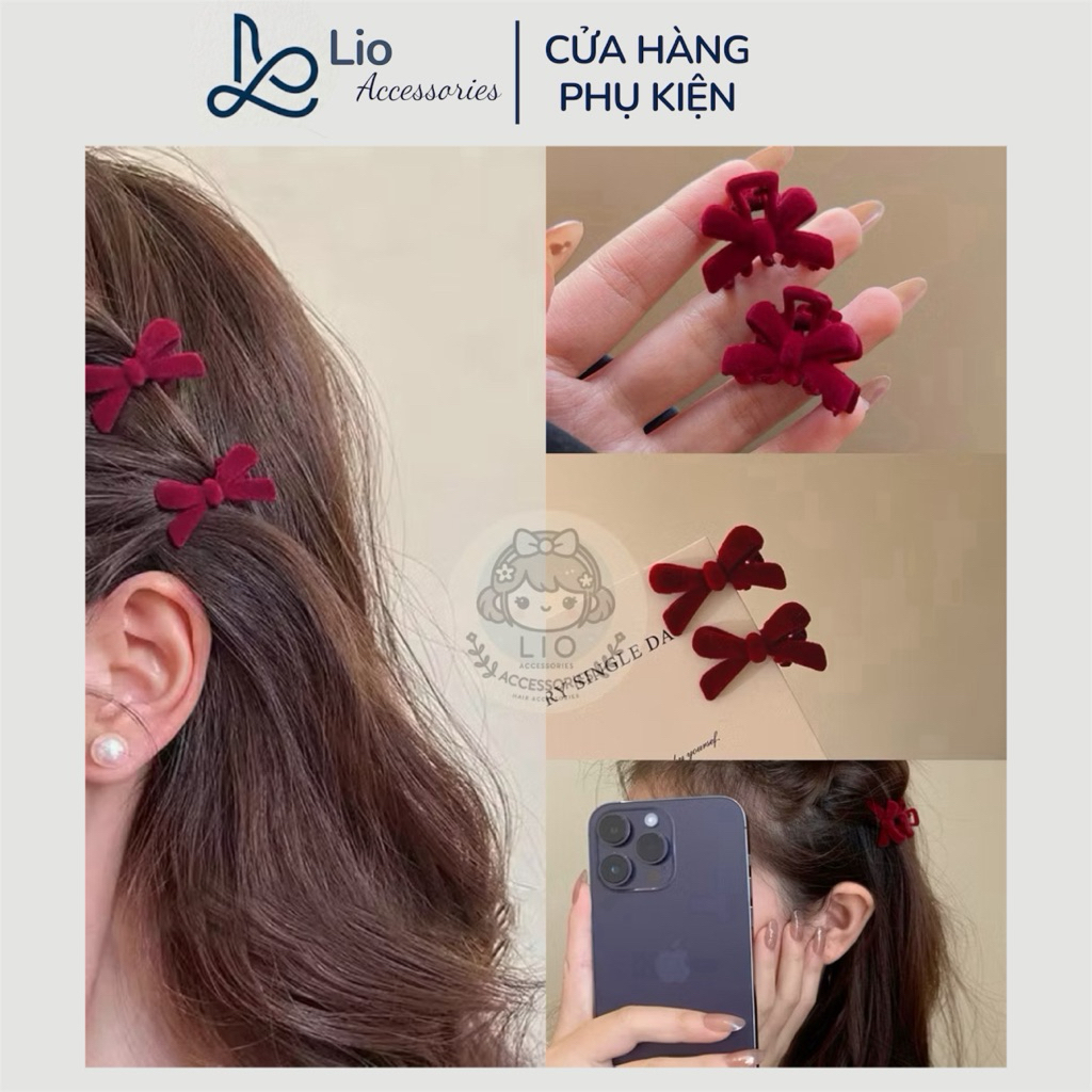Combo 2 Kẹp Tóc Càng Cua Mini Lio Phủ Nhung Hình Nơ Đỏ Đen Sang Trọng Đi Chơi Tết