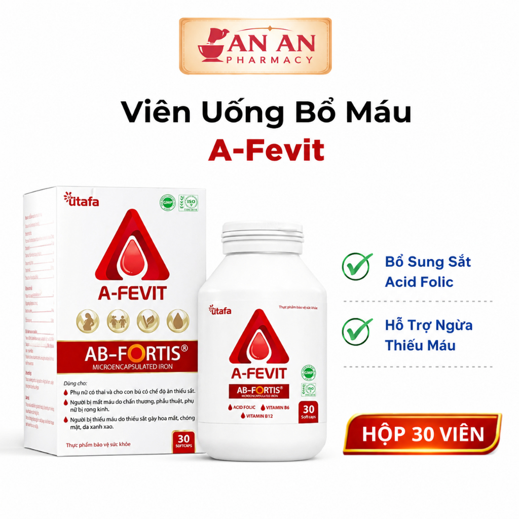 Viên Uống Bổ Máu A-Fevit – Bổ Sung Sắt Acid Folic, Hỗ Trợ Ngừa Thiếu Máu, Dễ Hấp Thu, Hộp 30 Viên