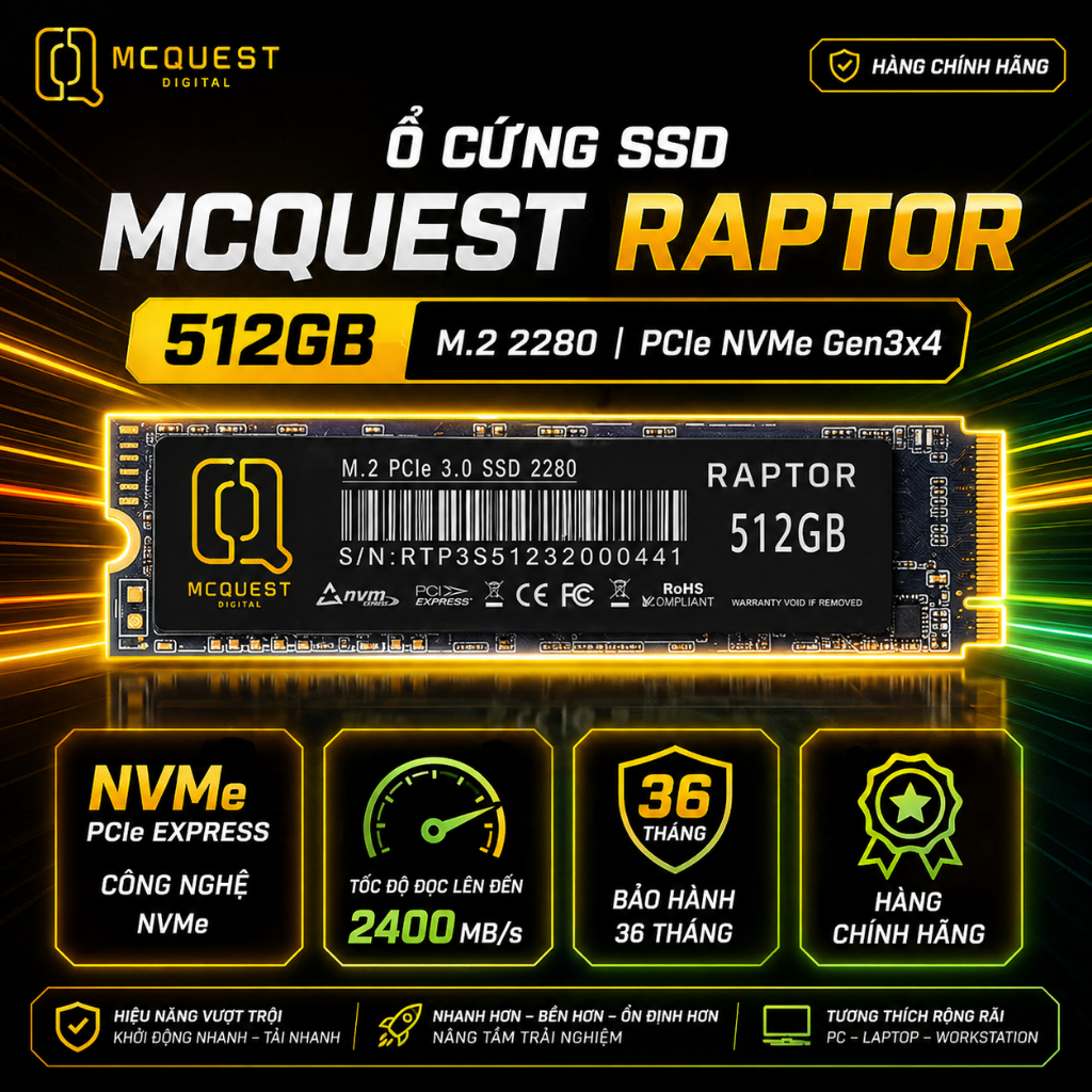 Ổ cứng SSD McQuest Raptor 512GB / 1TB (M.2 2280, PCIe NVMe Gen3x4) - BH 36 tháng
