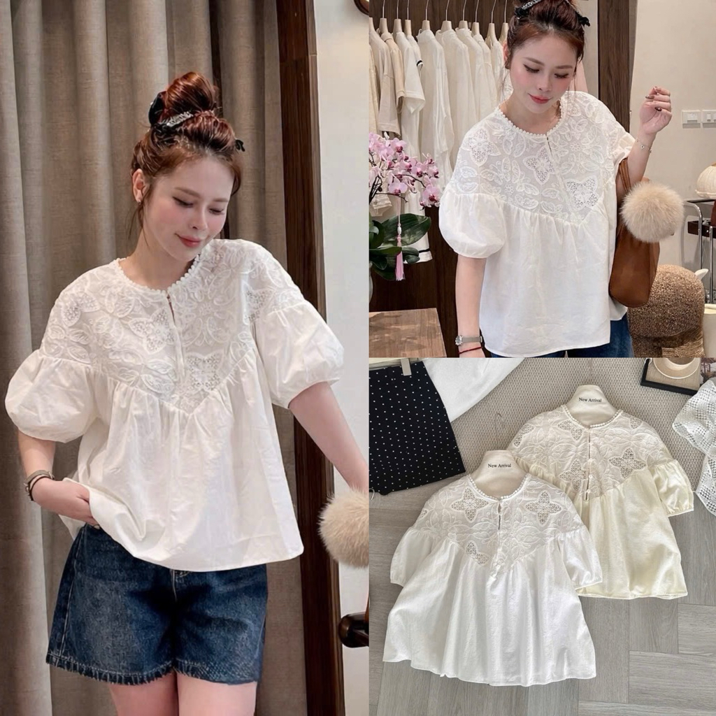 [Hàng Chuẩn QC] Áo sơ mi form babydoll cổ tròn phối ren hoa vai thêu nổi tay bồng FANCI TOP - A11233