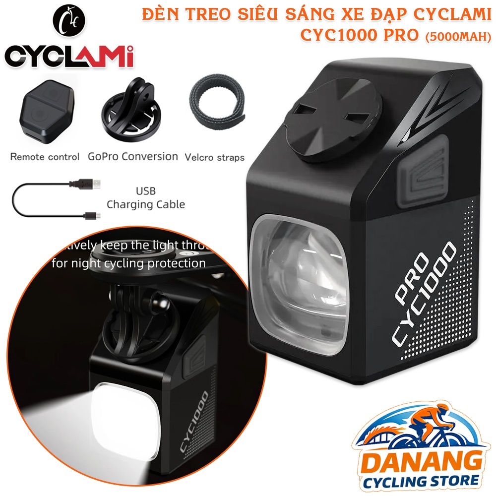 Đèn Xe Đạp Siêu Sáng CYCLAMI CYC1000 Pro – 1000 Lumen, Pin 5000mAh, Remote Không Dây, Gắn GoPro Treo Ngược