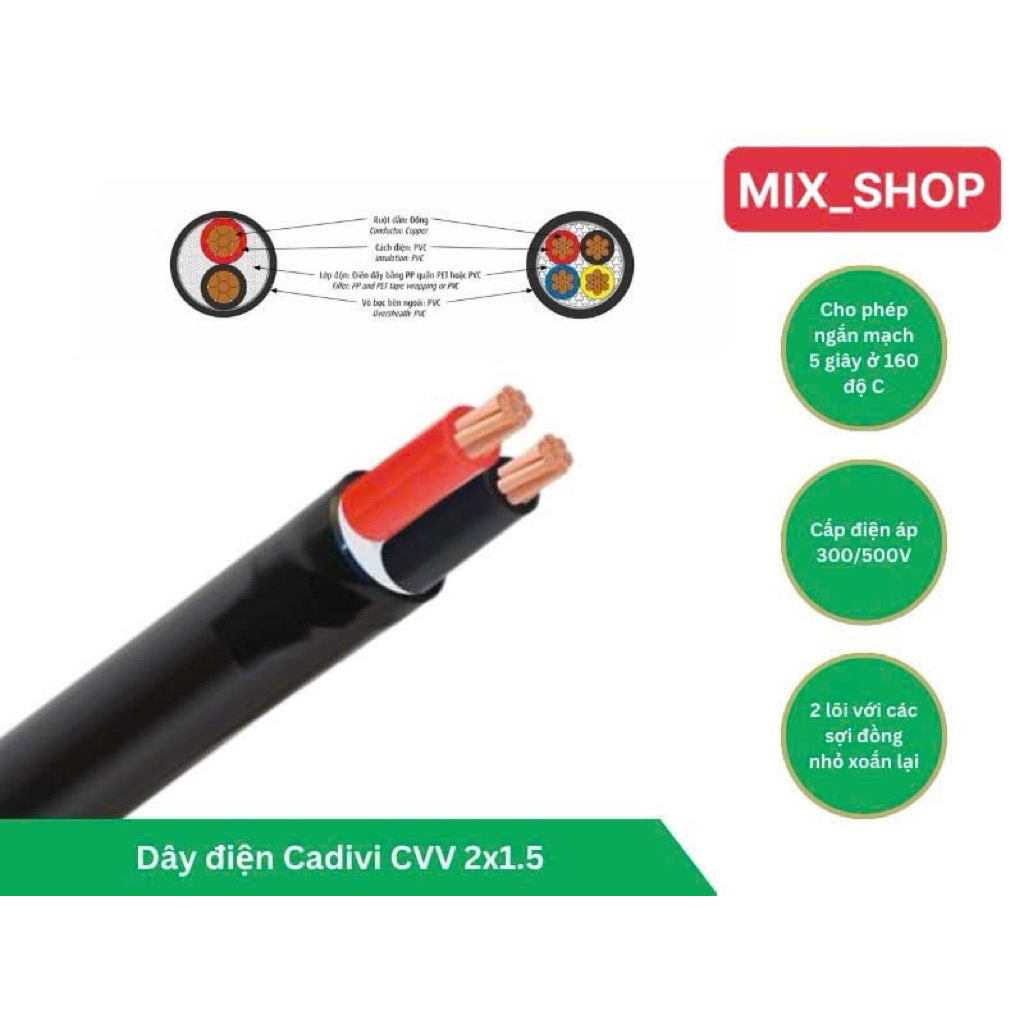 Combo-5 mét Cáp điện CVV 2x1.5, 2x2.5, 2x4.0, 2x6.0mm2 CADIVI