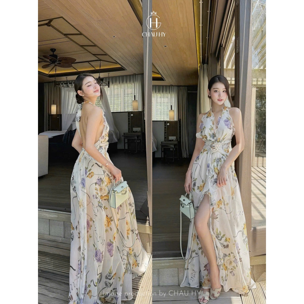 𝐂𝐡𝐚𝐫𝐢𝐭𝐲 𝐃𝐫𝐞𝐬𝐬 - Đầm maxi cổ yếm có đệm mút in hoa, chất liệu tơ cao cấp-𝑪𝑯𝑨𝑼 𝑯𝒀 𝑫𝒆𝒔𝒊𝒈𝒏