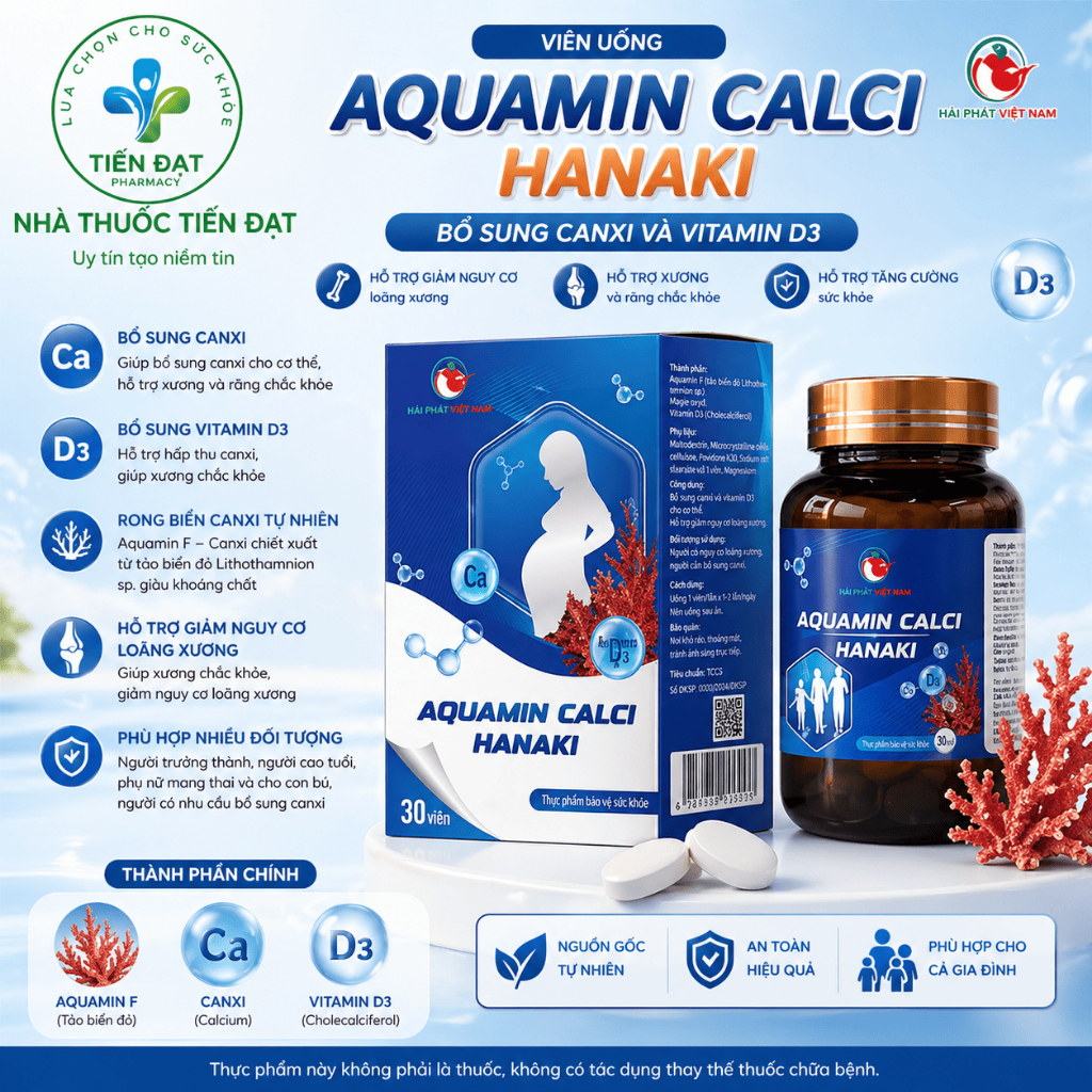 Viên uống bổ sung canxi D3 Aquamin Calci Hanaki - Hỗ trợ phát triển chiều cao ngăn nguy cơ còi xương