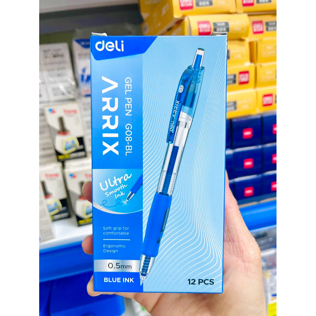 Hộp 12 Bút Gel Deli G08-BL Xanh 0.5mm Bấm – Mực Đều, Viết Mượt, Nét Đẹp, Nhanh Khô, Không Lem