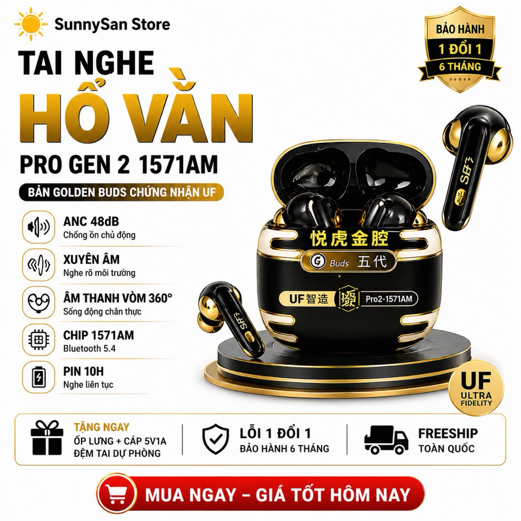 Golden Buds | Tai Nghe Bluetooth Pro 2 1571AM Hổ Vằn | ANC 48dB | Xuyên Âm | Âm Vòm | Pin 10H
