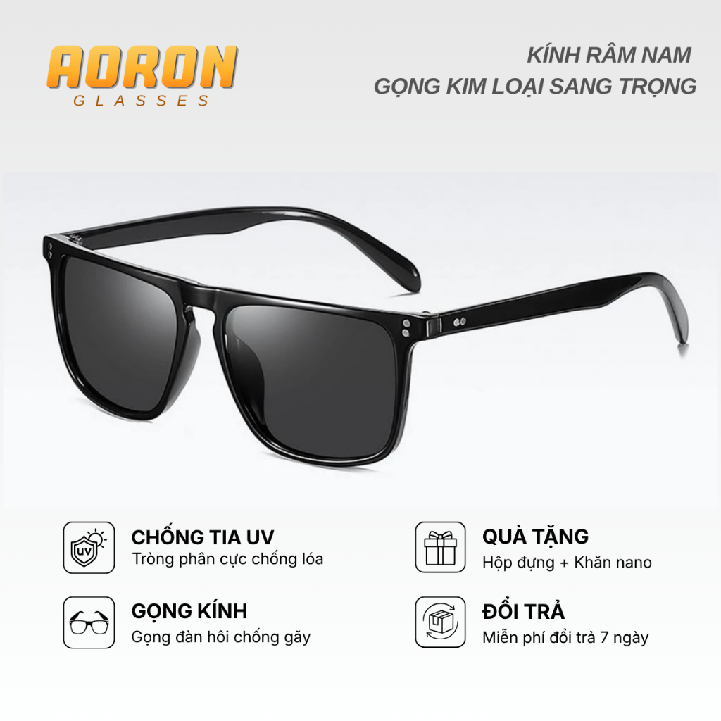 Kính Râm Nam Vuông, Mắt Kính Phân Cực Chống Chói, Đi Xe Ban Ngày Gọng Nhựa Siêu Nhẹ AK022 - AORON