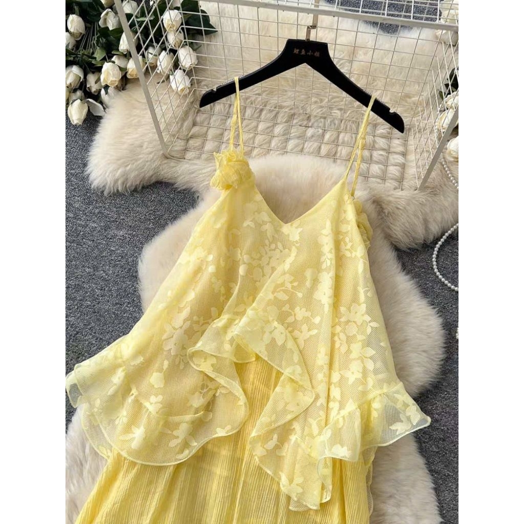 Đầm Maxi Voan 2 Dây Tầng Bèo Thiết Kế – Váy Dài Đi Biển Tiểu Thư Bay Nhẹ - Hanclothing( Tặng nơ cài 