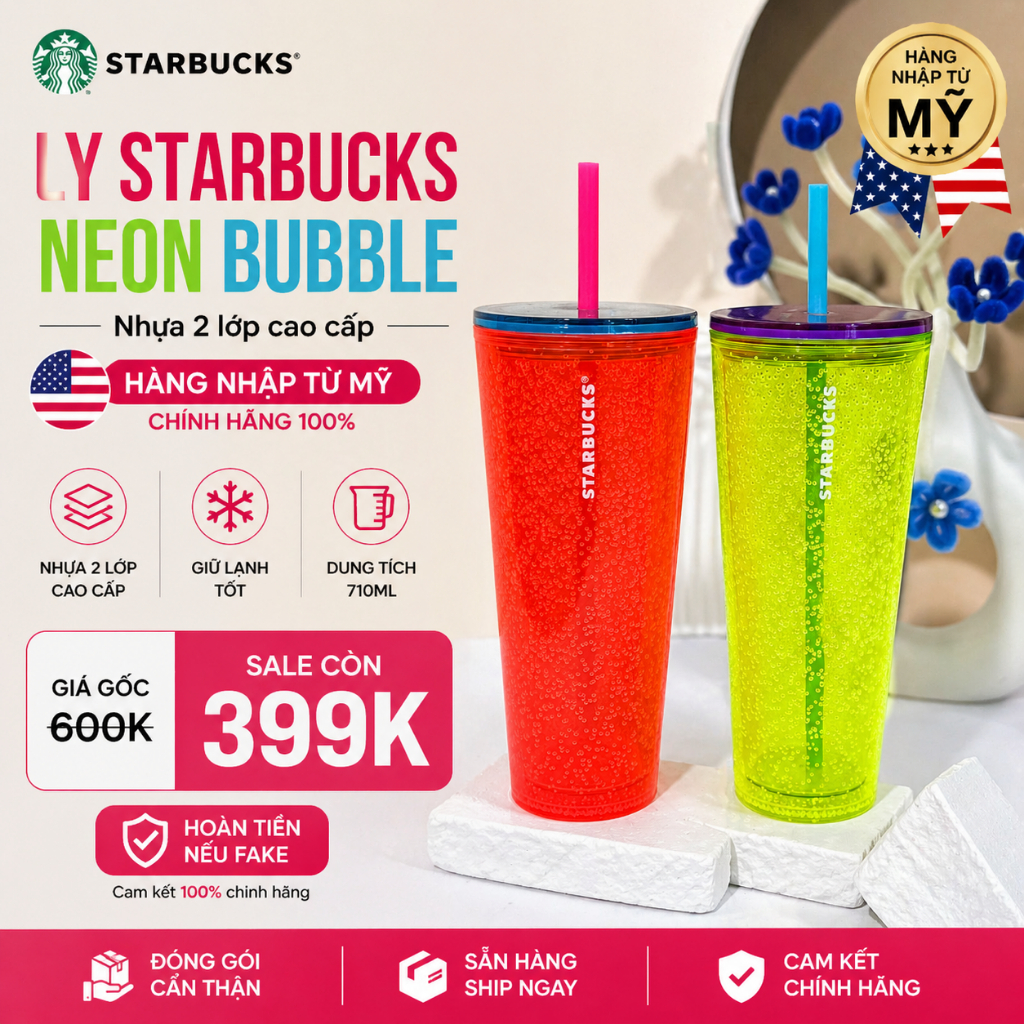 Ly Starbucks Neon Bubble Tumbler 710ml Chính Hãng Mỹ – Ly Starbucks Trong Suốt Có Ống Hút