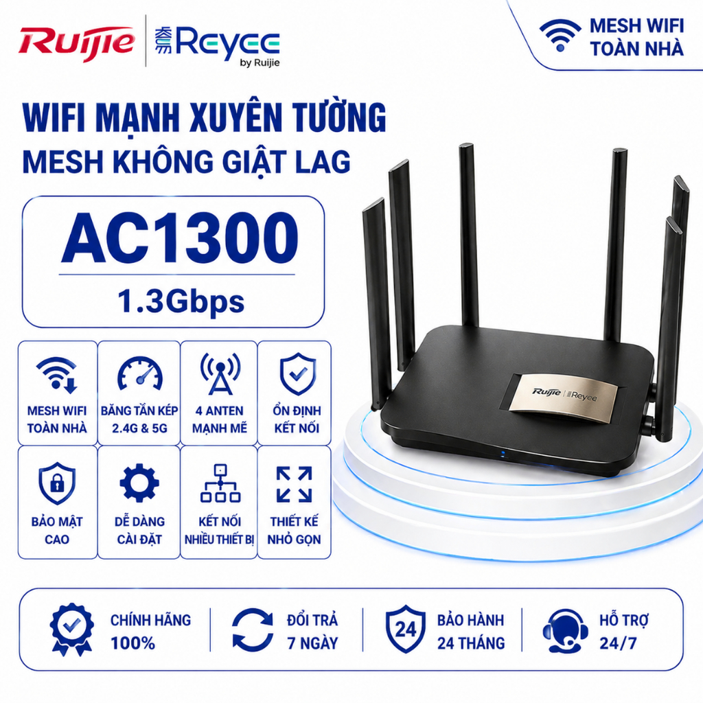 Bộ Phát Wifi Mesh Xuyên Tường, Router Wifi 2 Băng Tần 5/ 2.4GHz Wifi RUIJIE Reyee cao cấp tốc độ cao