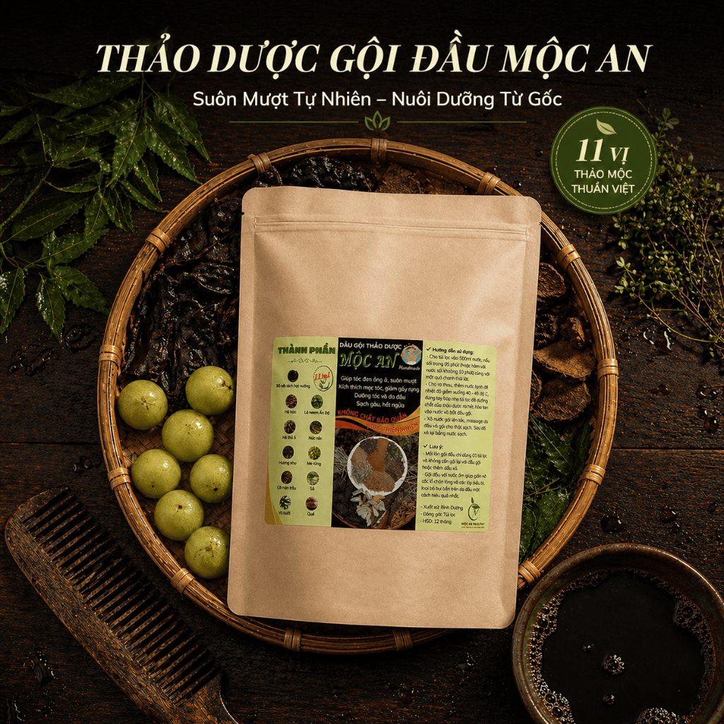 Thảo dược gội đầu Mộc An: 11 vị thảo mộc (Bồ kết, Hà thủ ô, Bồ hòn, Núc nác,..) phù hợp mọi loại tóc