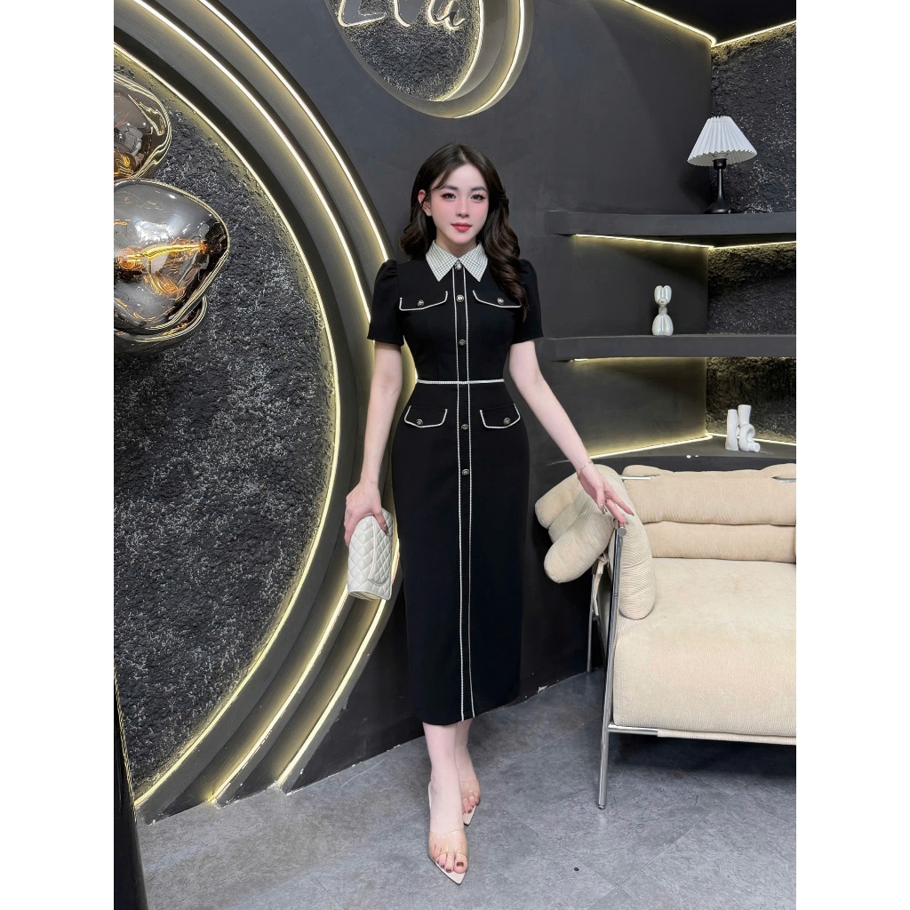 TY121 - Váy Thiết Kế Evii dành cho nữ, Đầm thiết kế cổ bẻ phối kẻ karo nhí, dáng bút chì xuông