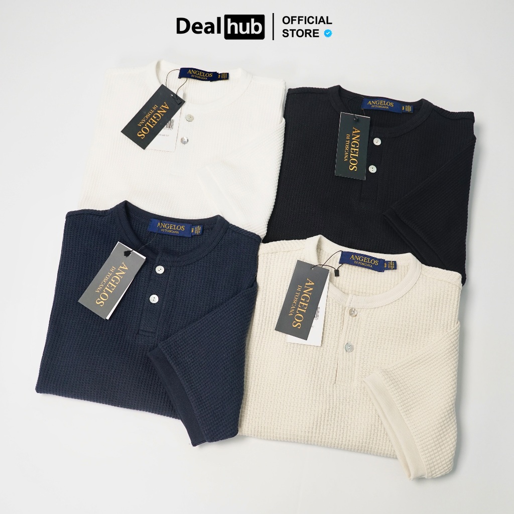 Áo Henley Shirt Dệt Kim Chất Liệu Waffle Cotton Nút Xà Cừ Thiên Nhiên Chính Hãng Angelos Cổ Trụ Tay Ngắn Regular Fit
