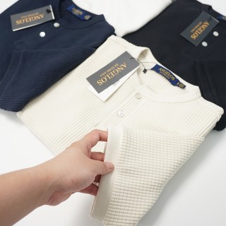 Áo Henley Shirt Dệt Kim Chất Liệu Waffle Cotton Nút Xà Cừ Thiên Nhiên Chính Hãng Angelos Cổ Trụ Tay Ngắn Regular Fit