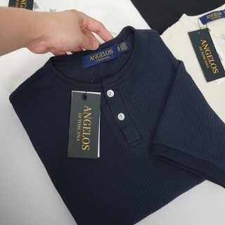 Áo Henley Shirt Dệt Kim Chất Liệu Waffle Cotton Nút Xà Cừ Thiên Nhiên Chính Hãng Angelos Cổ Trụ Tay Ngắn Regular Fit