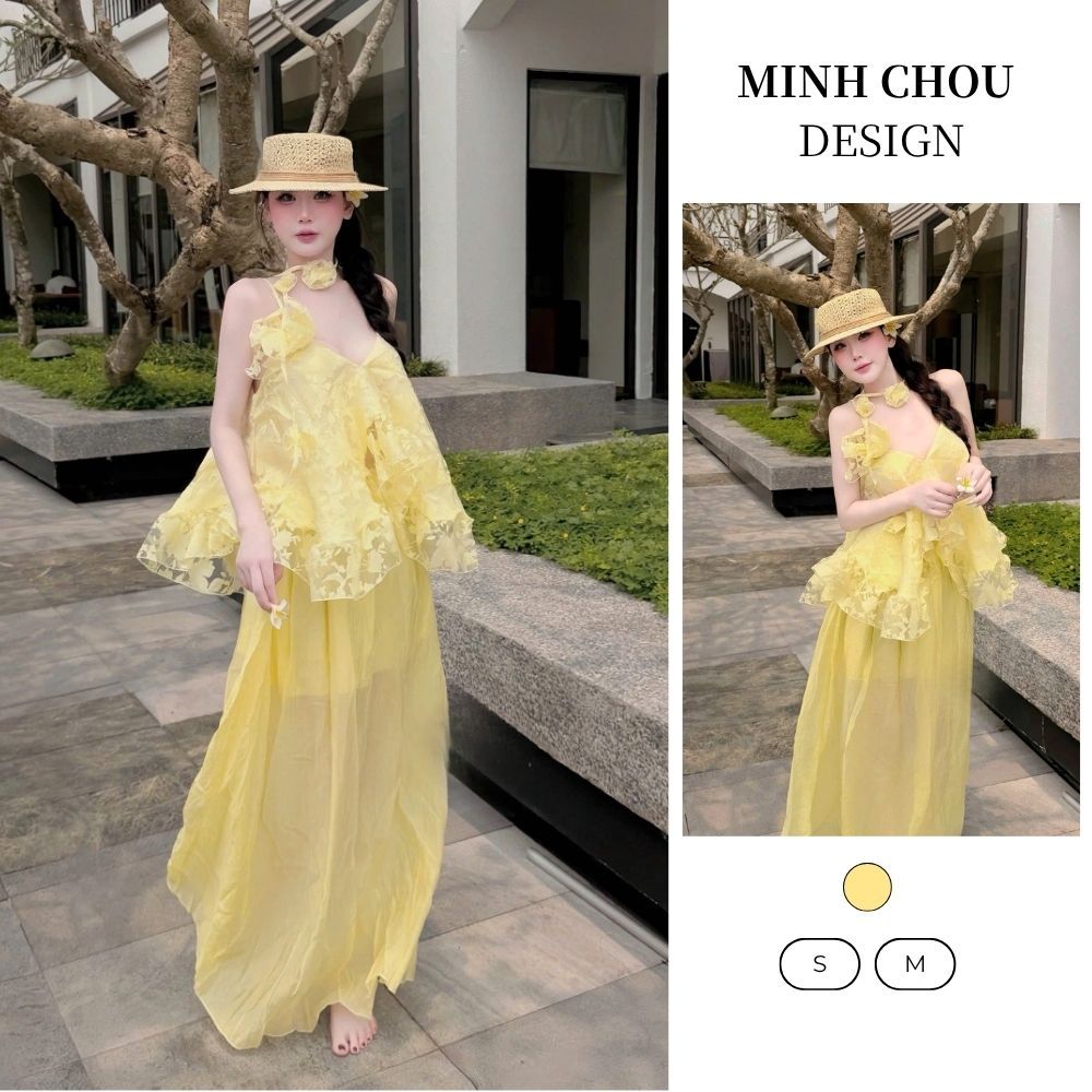 Set maxi áo croptop mix chân váy dài đi biển nữ tính thời trang du lịch hè sang chảnh