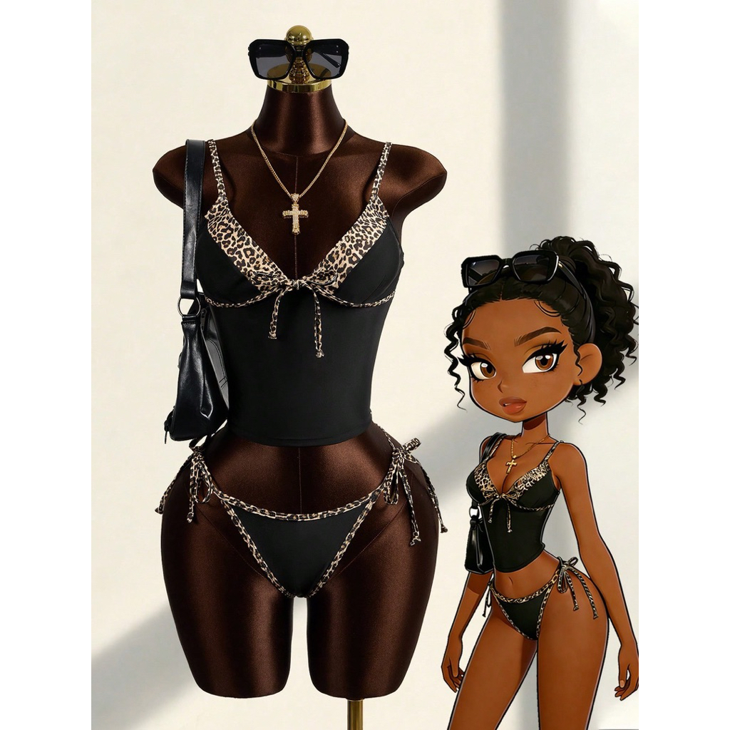 Zestiva Bộ đồ bơi tankini hai dây buộc dây họa tiết da báo dành cho nữ