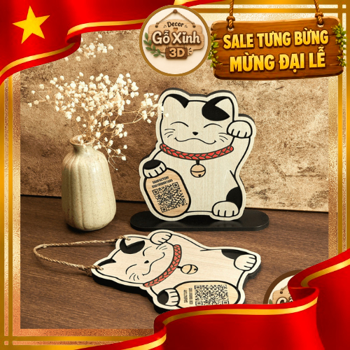 Bảng gỗ QR Code hình Mèo Thần Tài quét mã thanh toán - Treo tường và Để bàn khắc mã theo yêu cầu