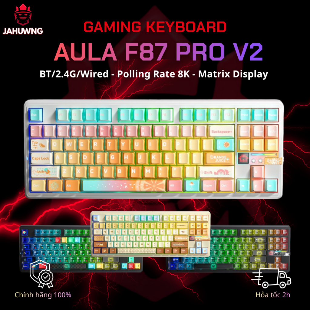 [Chính Hãng] Bàn Phím Cơ Không Dây AULA F87 Pro v2 - 3 mode - Pin 12000mha - màn hình Matrix - Led V