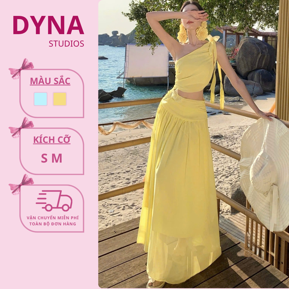 Váy Maxi Dáng Dài Lệch Vai L.Đ Cut-Out Eo 2 Màu Vàng Xanh DYNA STUDIOS