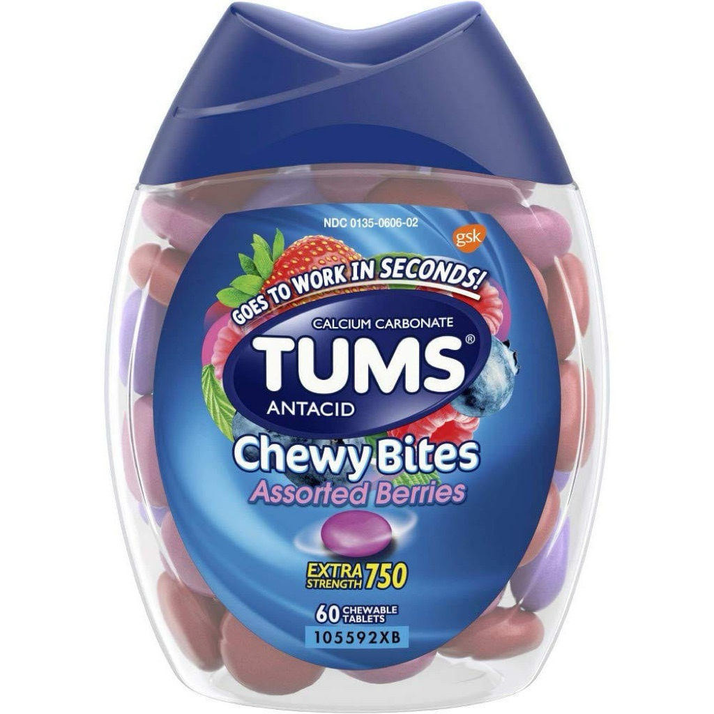 Viên nhai giảm đầy hơi khó tiêu Tums Antacid Chewy Bites Assorted Berries 60 Chewable Tablets
