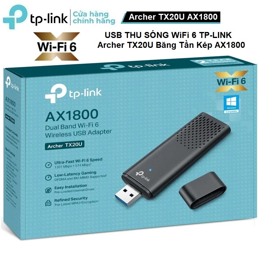 Bộ thu sóng WiFi 6 USB TPlink Archer TX20U Băng Tần Kép AX1800 - Bộ Chuyển Đổi USB WiFi 6 TP-Link Ar