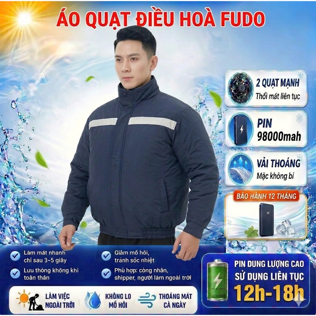Áo Quạt Điều Hoà Nhật Bản 86.000 mah công ty mát lạnh mùa hè,chất kaki dày dặn, TẶNG KÈM ĐÁ KHÔ KHI MUA CẢ Bộ Fudo.house