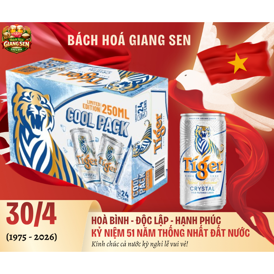 HOẢ TỐC HCM -  Bia TIGER Bạc lùn 250ml - Nồng độ cồn 4,6% (Thùng 24 lon) -  TIGER Crystal Bạc mới