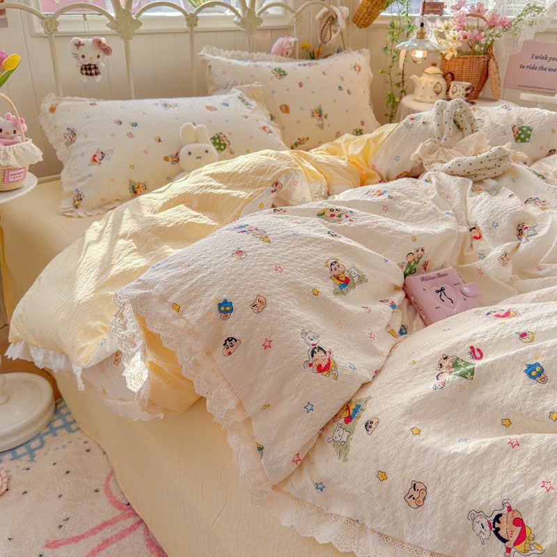 Ga giường Bộ Chăn Ga LumiCott Đũi Viền Ren 4 Món [L1], Hoạ Tiết Shin Cute Đáng Yêu, Mềm Mịn