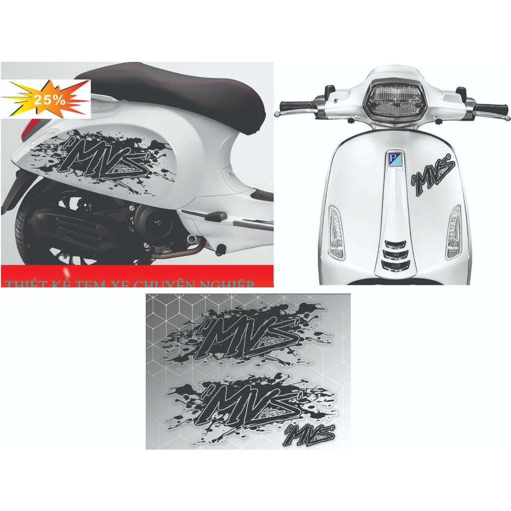 Bộ tem dán xe Vespa Sprint / Primavera Thiết Kế MVS Cách Điệu  , tem in 3 lớp cao cấp không phai màu