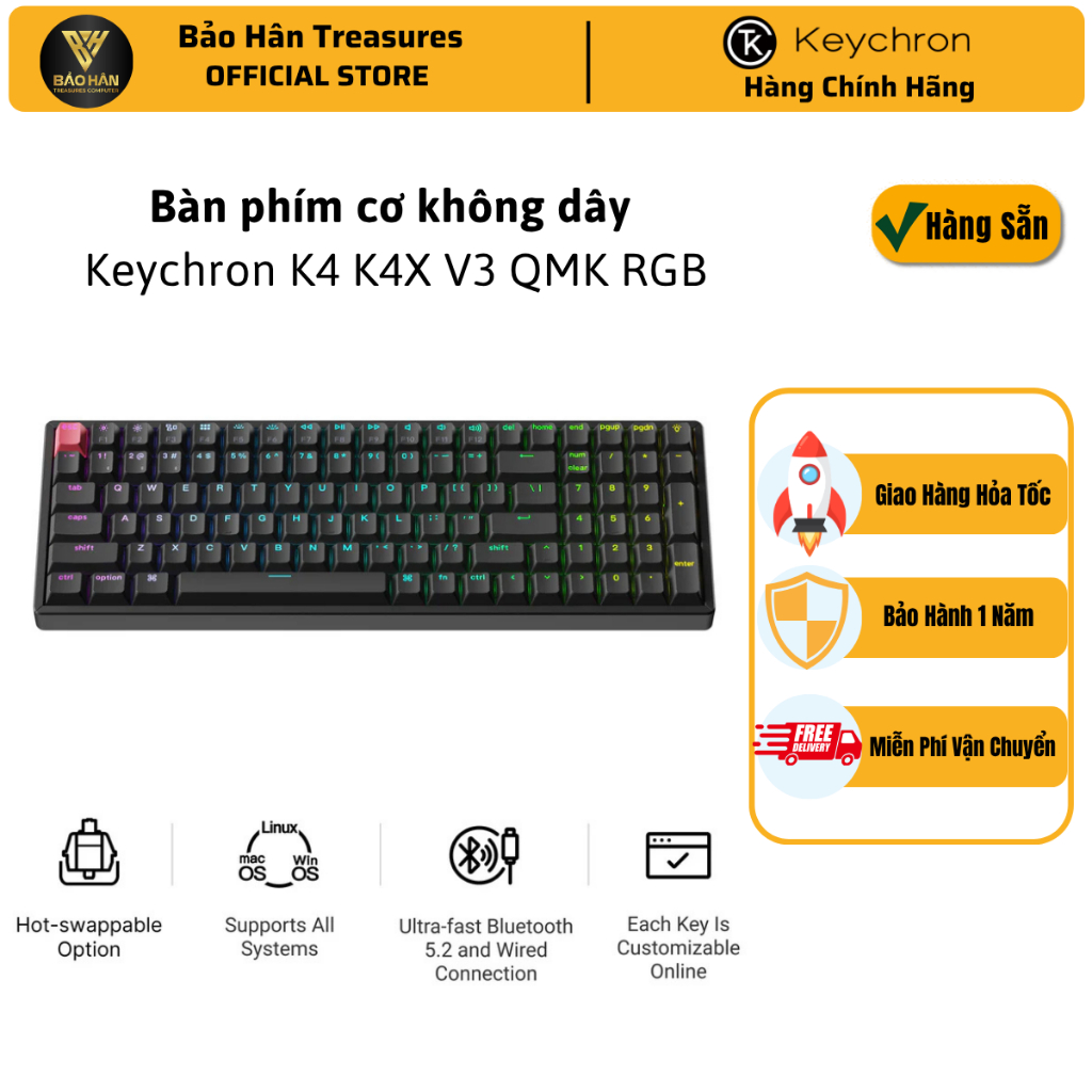 Bàn phím cơ không dây Keychron K4 QMK - K4X (Version 3) Wireless Mechanical Keyboard - Hàng Chính Hã