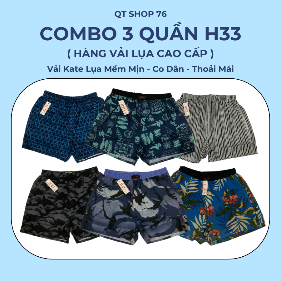 (𝐂𝐨𝐦𝐛𝐨 𝟑) Quần H33 Vải Kate Lụa Thoáng Mát, Mềm Mịn, Co Dãn, Quần Đùi Nam Mặc Nhà Thoải Mái QT SHOP
