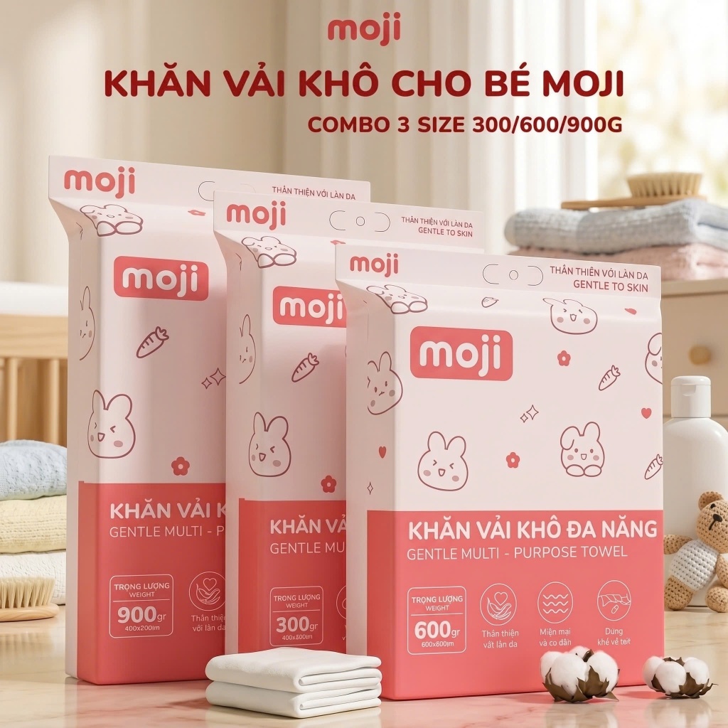Khăn khô đa năng cho bé MOJI gói 300/600/900gr dùng 1 lần lau khô, lau ướt, không mùi không hóa chất