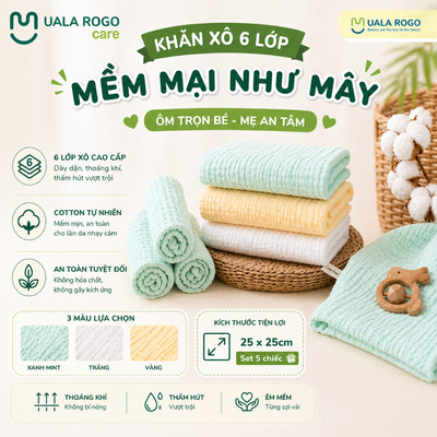 Khăn sữa cho bé Ualarogo set 5 chiếc 25x25cm vải xô Muslin 6 lớp mềm mại co giãn thấm hút UR 951