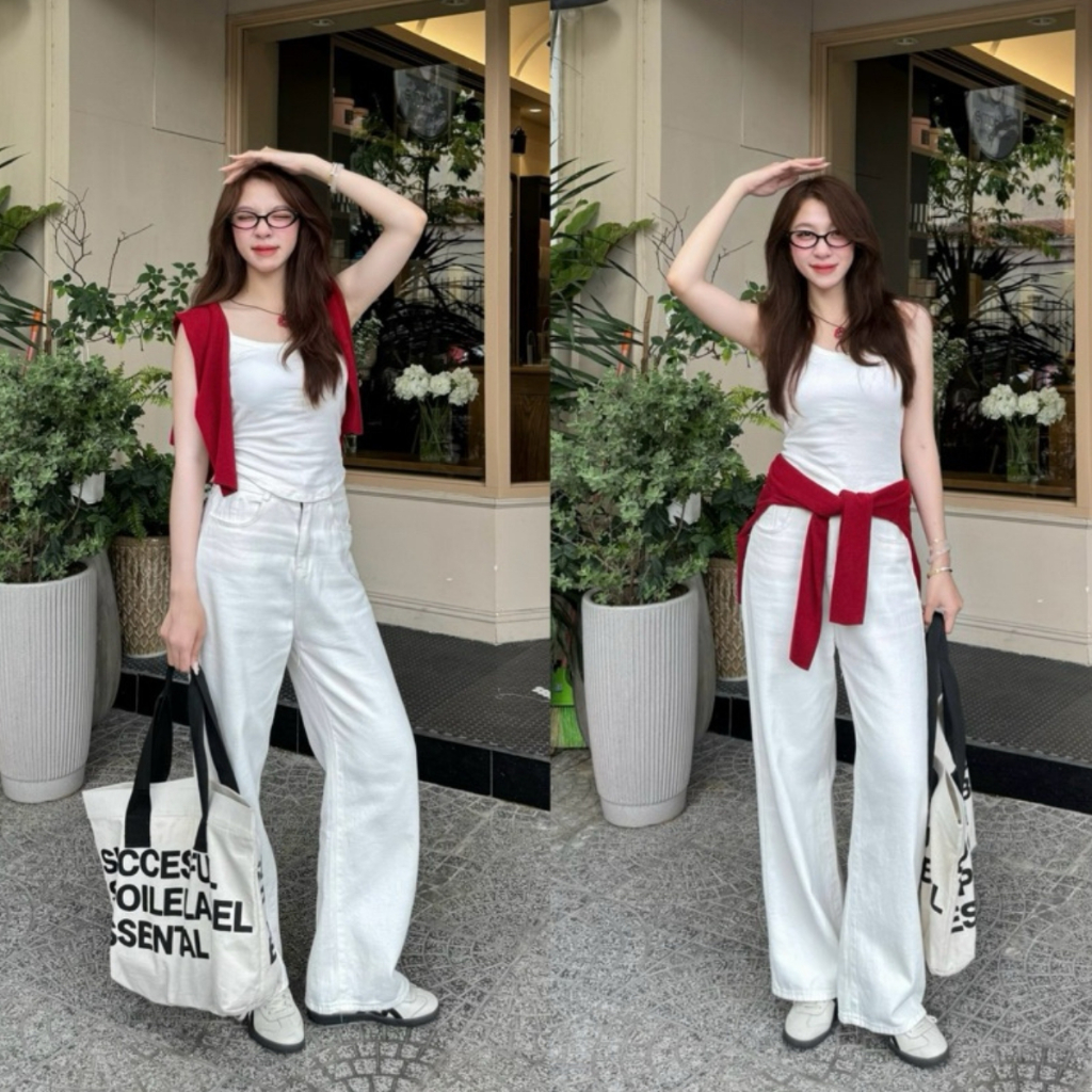 Quần jean trắng dáng ống suông, jean ống rộng phong cách Ulzzang Renee Store - Q7748