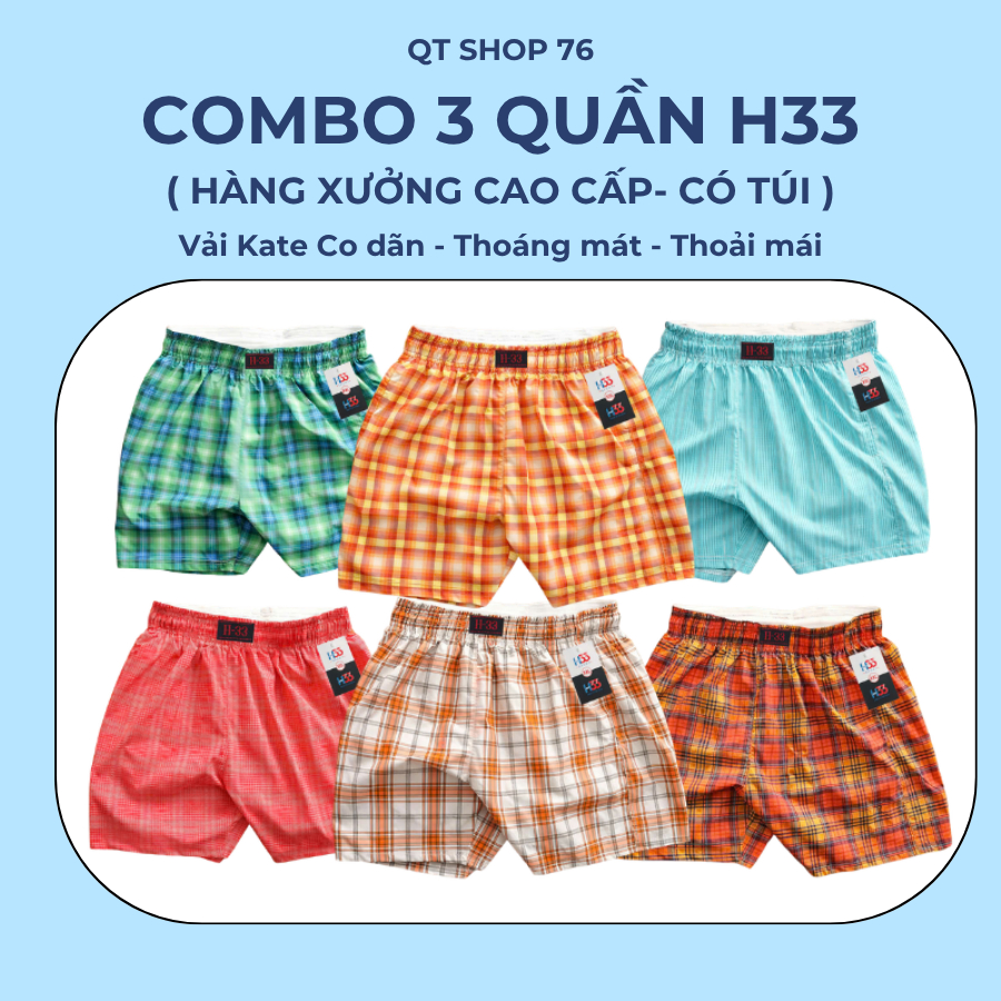 (𝐂𝐨𝐦𝐛𝐨 𝟑 - 𝐂𝐨́ 𝐓𝐮́𝐢) Quần Đùi H33 Vải Kate Có Túi Co Dãn,Thoáng Mát, Quần Thun Cotton Mặc Nhà QTSHOP