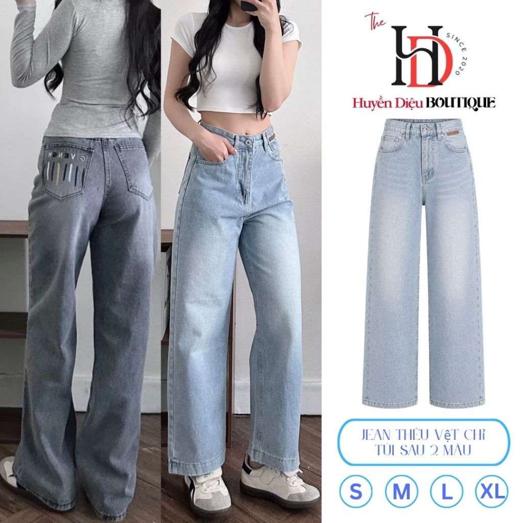 Quần Jean Nữ Ống Suông Xanh Trơn Thêu Túi Sau 103cm Cạp Cao Chất Mềm Mịn - J905 - HD Boutique