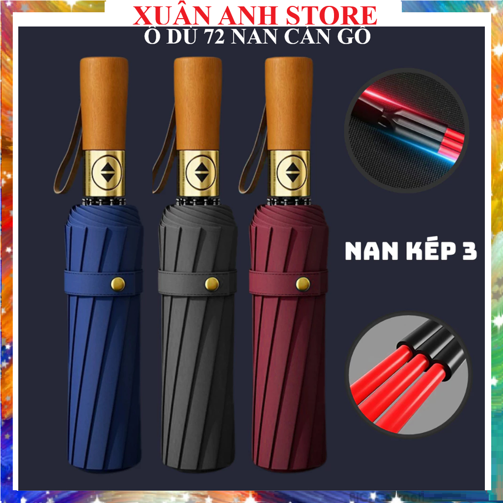 Ô Dù Cao Cấp 84Nan Cán Gỗ( 72 nan kép) 12 Khung Xương Cứng Cáp Gấp Gọn, Chống Tia UV UPF,Chống Bão.C