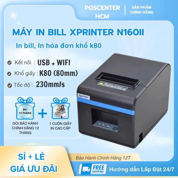 Máy In Bill K80 XPrinter XP-N160II | In Nhiệt 80mm | Cắt Giấy Tự Động | Kết Nối USB+WIFi