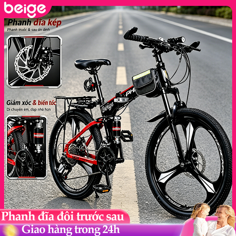 xe đạp thể thao Beige, xe đạp phanh đĩa giảm chấn,cho bé từ 5đến 8 tuổi,18 inch