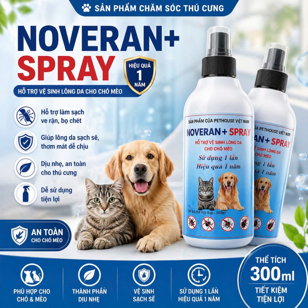 NOVERAN+ Spray Xịt Ve Rận Bọ Chét Cho Chó Mèo 300ml – Hỗ Trợ Vệ Sinh Da Lông, Giảm Ngứa, Khử Mùi,