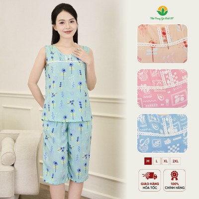 Đồ bộ mặc nhà nữ chất lanh Việt Thắng quần lửng áo sát nách mềm mát họa tiết - B05.5081