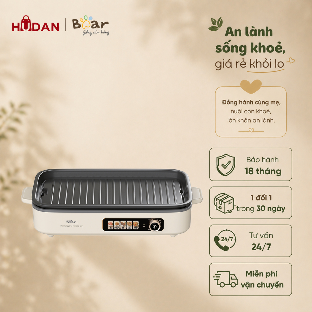 Bếp nướng BEAR 1500W GR-4H15C Tiếng Anh Tách Rời Có Rãnh Thoát Dầu  4-6 Người Họp Tiệc BH 18 tháng