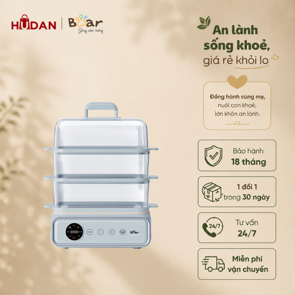 Nồi lẩu hấp BEAR 21.5L DZG-P20W7 Tiếng Việt Lẩu và Hấp 3 Tầng Hấp Cá Hấp Bánh Chưng Yến BH 18 tháng
